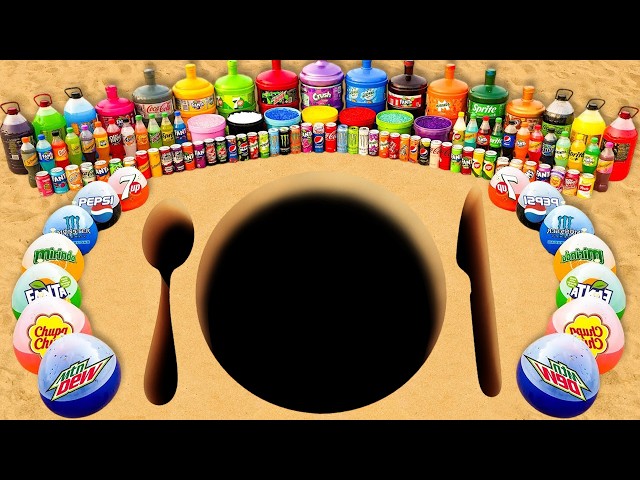 Experiment: Spoon vs Plate vs Knife pit Eruption from Rainbow Balloons of Sodas, Coca Cola vs Mentos