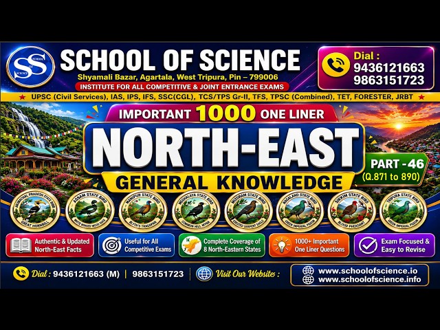 School of Science presents —1000 Important One Liners| North-East GK — Part 46(Q. 871 to 890)