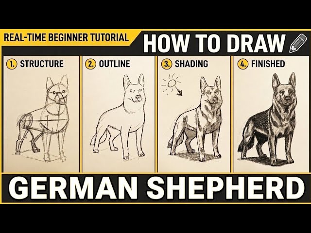 EASIEST way to draw a GERMAN SHEPHERD | Real-Time Beginner Tutorial