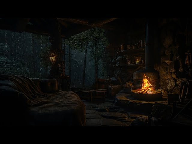 No Ads–Sleep in a Cozy Forest Cave🌧️Rainfall & Fireplace Sounds for Deep Relaxation and Calm Nights🔥