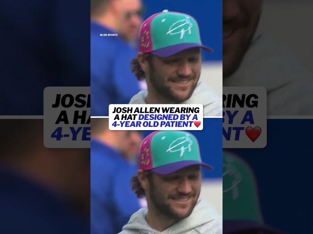 Josh Allen wearing a hat designed by patient at Buffalo’s Golisano Children’s Hospital ❤️💙