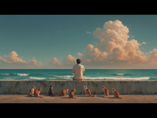 Man Sitting Ocean Wall Cats Watching Seamless Loop 4K No Copyright