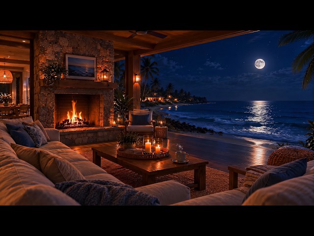 Dreamy Oceanfront Under a Full Moon 🌕🌊 | Cozy Fireplace & Gentle Ocean Waves for a Calm Mind