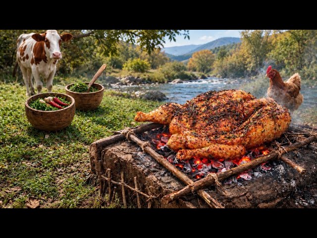 “Grilling Chicken in the Wild: Handmade Wooden Grill, River Views & Cowbells! Survival Cooking ASMR”