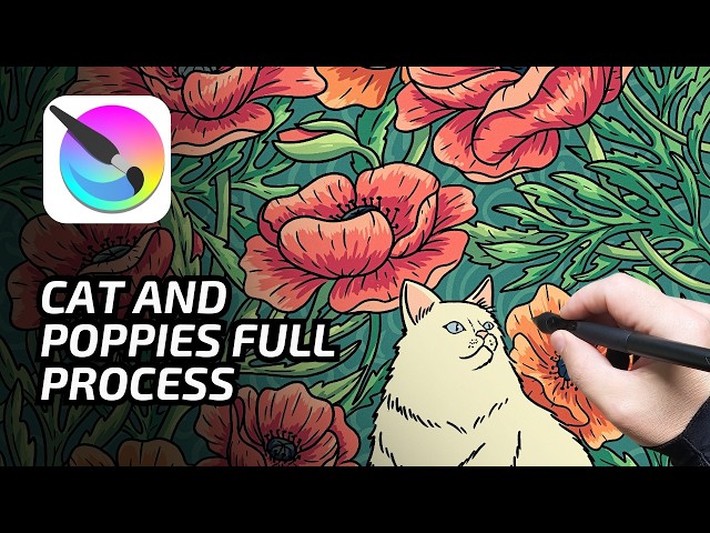 Cat and Poppies - Full illustration process