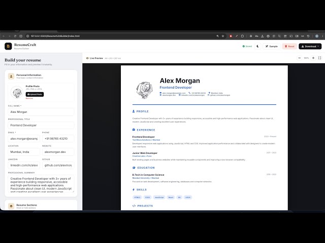 Creating ResumeCraft / Resume Builder using HTML, CSS & JS. @ProgMasters 