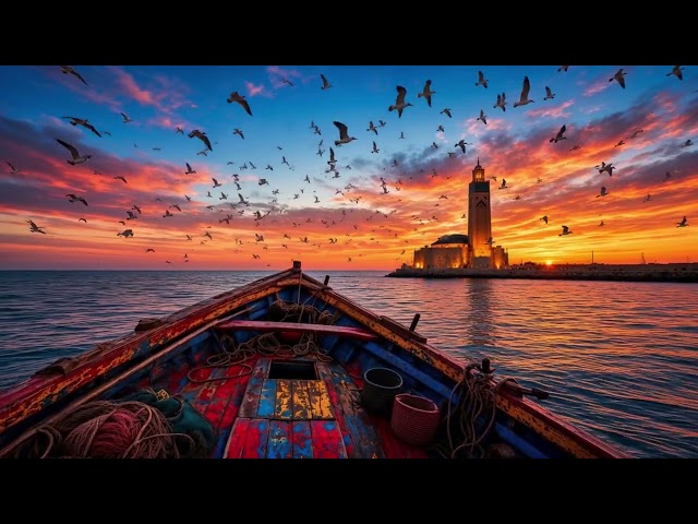 Sunset Fishing Boat Seagulls Seamless Loop 4K No Copyright