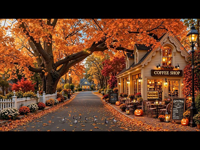 Peaceful October Morning at a Quiet Small Town Café 🍂 Warm Fall Jazz & Golden Leaves for Rest, Focus