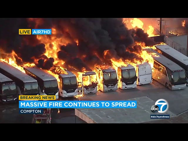 Massive fire at Compton industrial complex rips through structures, buses | ABC7
