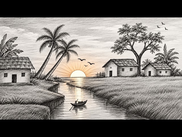  Pencil Sketch to Realistic Animation | AI Art & Nature #Short#gaon ki sunset Drawing 