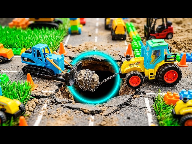 Construction Project: New Road Construction: Bulldozer, Tractor, and Excavator Move Giant Rock