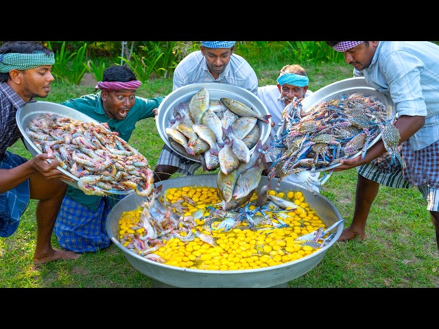 SEAFOOD OMELETTE | CRAB FISH PRAWNS Omelette Recipe Cooking in Village | Healthy Egg Omelet Recipe