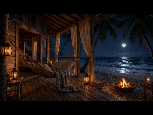 Oceanfront Hammock Escape 🌙 Gentle Waves, Fire Crackle & Cozy Beach Sounds for Deep Sleep