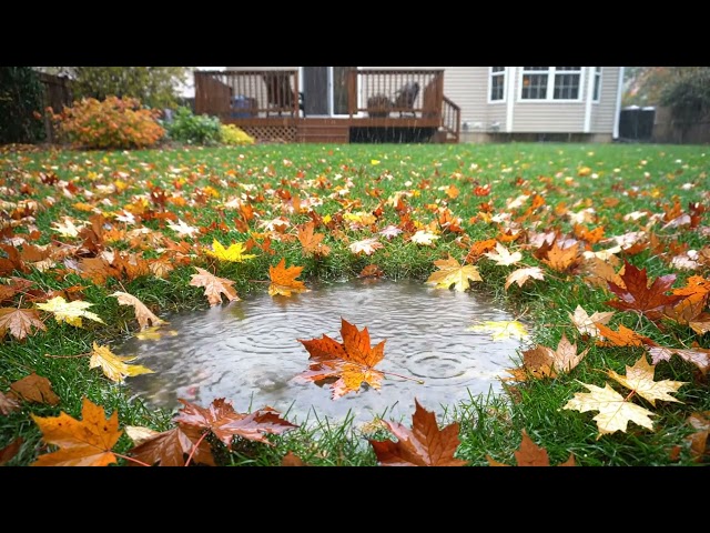 Autumn Rain in a Suburban Backyard | Rain Stock Video Footage | Seamless Loop
