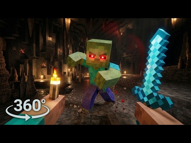 Minecraft 360° VR   Cave Mining and Fighting Zombies 🧟‍♂️😱