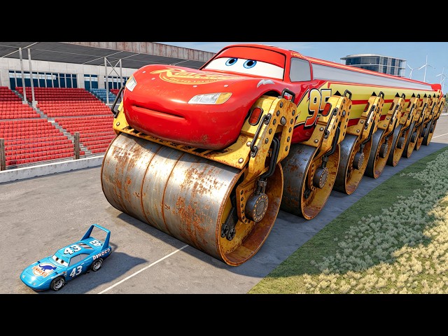 GIANT Long MCQUEEN with HUGE ROAD ROLLER Wheels vs Small Lighting McQueen | BeamNG.Drive