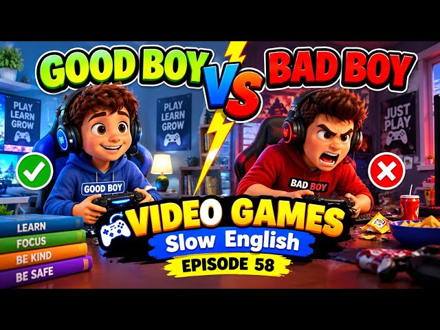 🎮 GOOD BOY VS BAD BOY — VIDEO GAME  MANNERS SLOW ENGLISH EPISODE 58