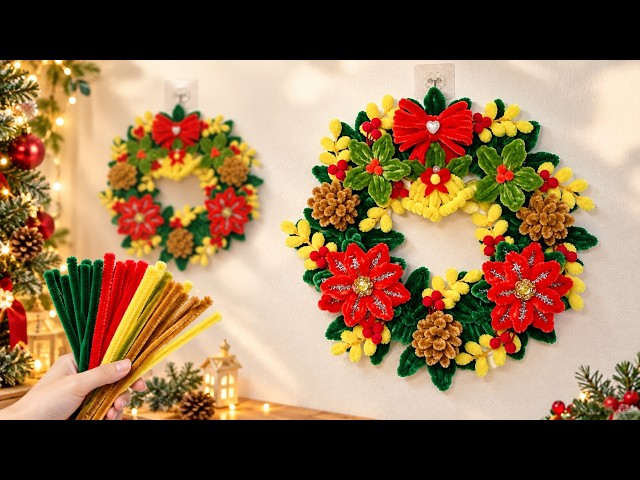 EASY DIY Christmas WREATH From Pipe Cleaners  Easy Pipe Cleaner Craft 🎄✨ CUTE Room DECOR Idea