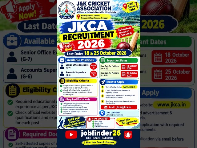JKCA Recruitment 2026 | Senior Office Executive & Accounts Supervisor Jobs | Jammu & Kashmir Jobs
