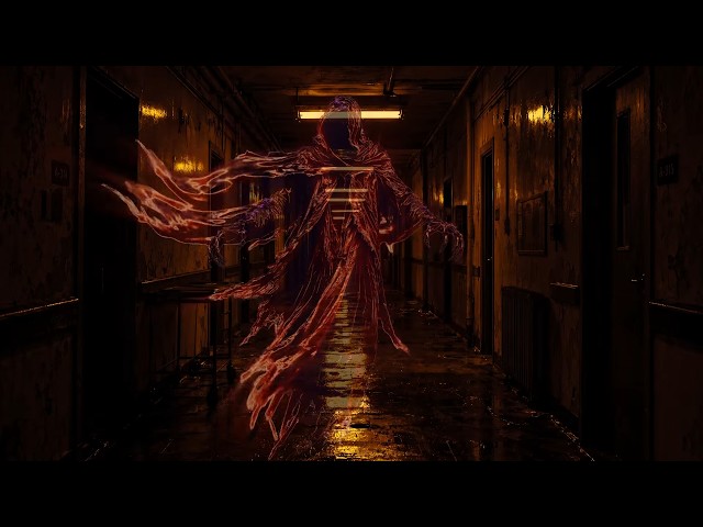 Spector of the Past Haunted Halls 4K Halloween Background Yellow Orange