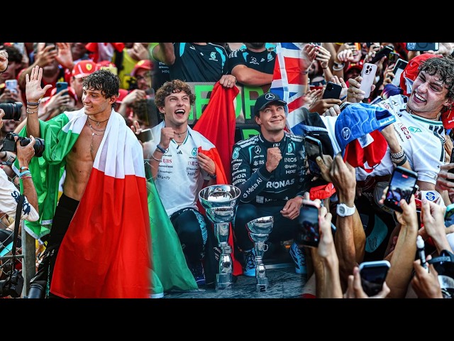 Kimi Antonelli celebrating with George Russell & Tifosi after Monza Win | Wholesome Podium moments