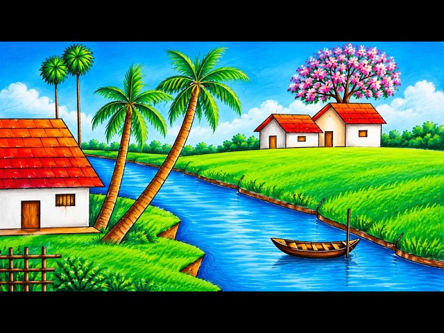 How to Draw a Beautiful Village Scenery | Easy Nature Drawing | Landscape drawing | Art video