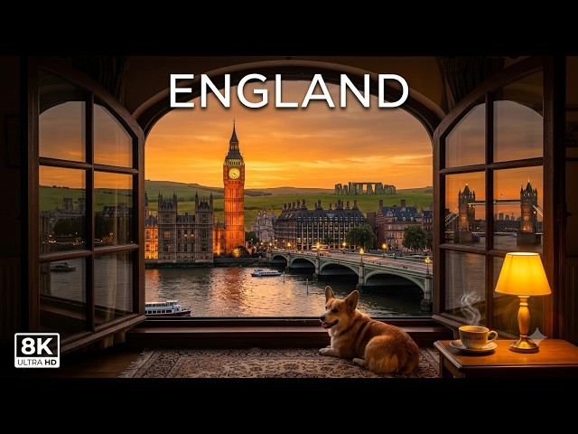 8K England-Peaceful Big Ben, Thames River & Gentle Piano Music for Deep Sleep, Stress Relief, Study