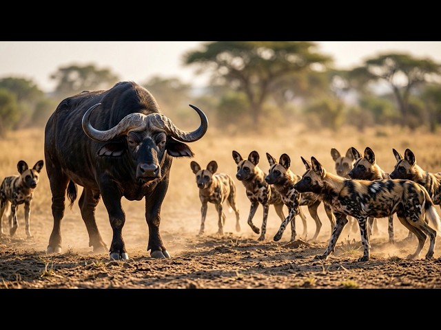 Lone Wild Buffalo vs African Wild Dog Pack – An Epic Fight for Survival