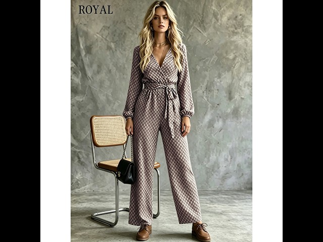 Khaki Ditsy-Print Wrap-Front V-Neck Bishop-Sleeve Self-Tie Belted Wide-Leg Jumpsuit with Pockets
