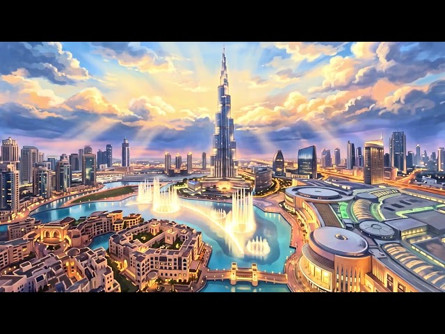 Dubai Fountain & Burj Khalifa at Dusk 🌅 | Aerial 4K Ambient Loop | 1 Hour