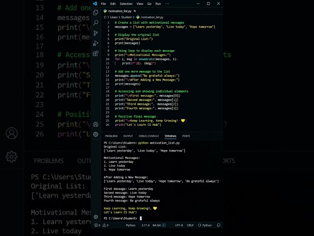 Learn Yesterday 📚 Live Today 🌱 Hope Tomorrow 🚀 | Python List Life Lesson #Shorts