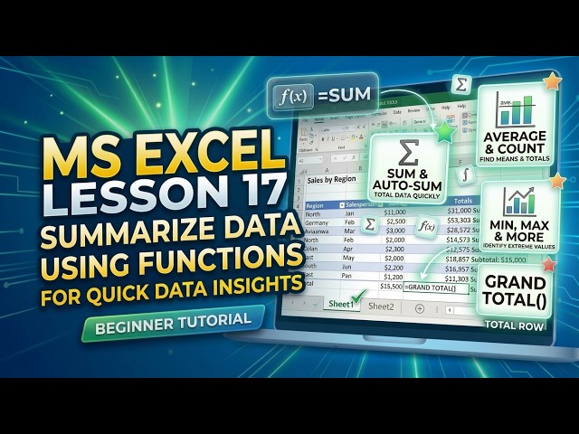 Microsoft Excel Lesson 17: Using Functions to Summarize Data | SUM, AVERAGE, COUNT, COUNTA, MIN, MAX