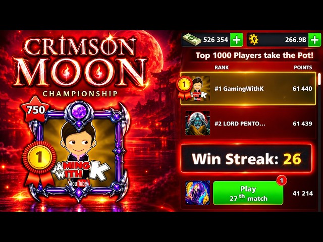 Rank#1 in the WORLD with 26 WIN STREAK 🔥 Crimson Moon Championship | 8 Ball Pool GamingWithK