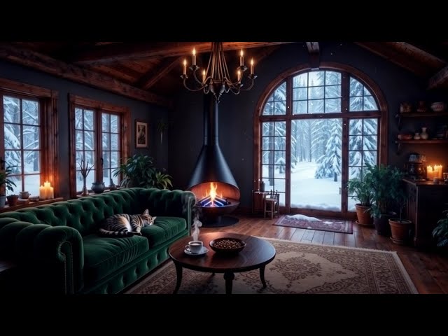 Cozy Winter Cabin ❄️ Crackling Fireplace & Snowfall Sounds (No Music) #Deep Sleep ASMR #cat purring