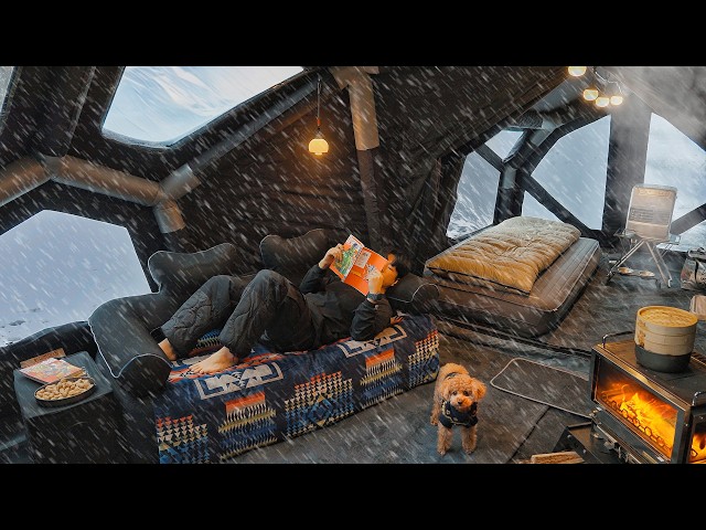 Camping in Snow with My Dog . Relaxing in the Inflatable Hot Tent . Wood Stove ASMR