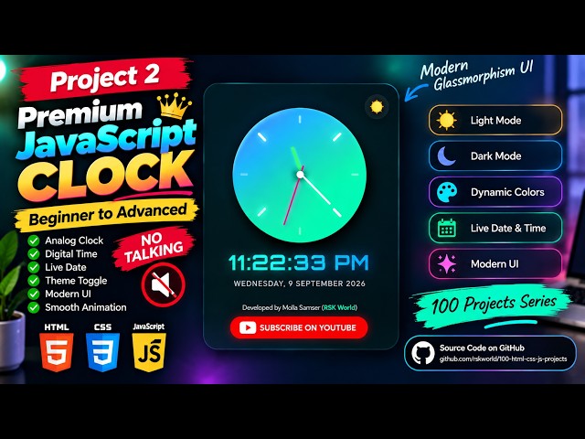 Analog + Digital Clock Using HTML CSS JavaScript | Glassmorphism UI 🔥