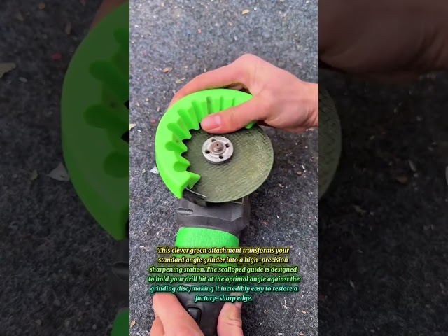 Clever green attachment turning angle grinder into sharpening station