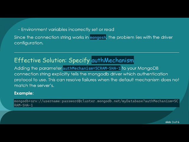 Fixing MongoDB Authentication Error by Adding authMechanism=SCRAM-SHA-1 to Connection String