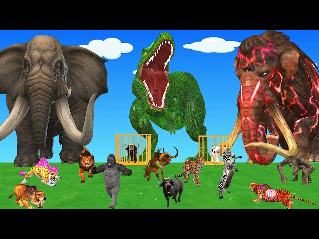 10 giant mammoths vs 5 tiger-lions—woolly mammoth rescues a baby, 3 cows, a gorilla & a buffalo.