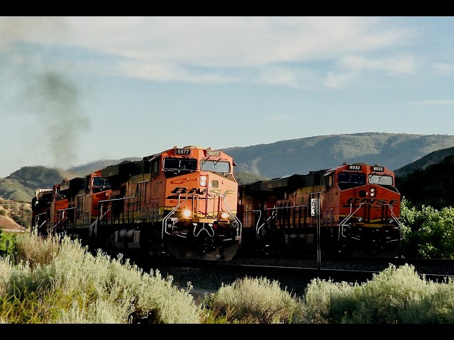 BNSF A stationary EB is overtaken by another near Cozy Dell in Cajon Pass CA