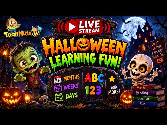 🎃 Halloween Kids Learning LIVE 👻 Funny Zombies |  Educational Halloween Song for Kids | ToonNuts TV