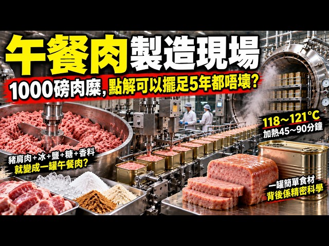 午餐肉點解可以常溫放 5 年？1000 磅肉糜加入冰塊、鹽糖同香料，150℃高壓殺菌之後，究竟點樣做到唔壞？#午餐肉 #罐頭食品 #食品加工 #食品工業 #食物冷知識 #食品科普 #工廠揭秘