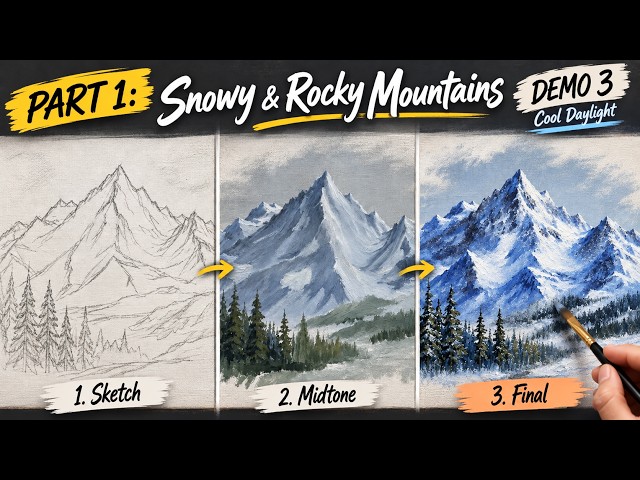 PART 1 | Snowy & Rocky Mountain – Cool Daylight | Acrylic Painting Tutorial | Demo 3