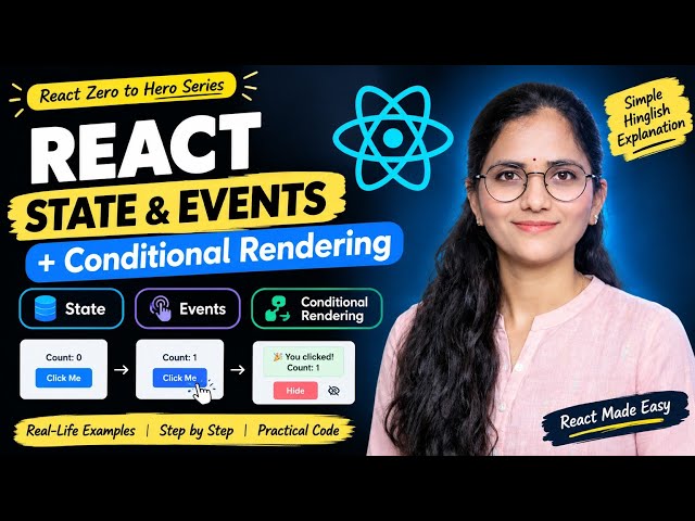 React State, Events & Conditional Rendering Explained | useState Hook | React Tutorial for Beginners