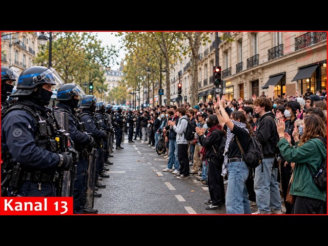 Sciences Po students join protest in Paris demanding more education funding as riot police watch on