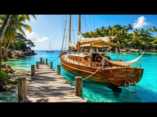 Relaxing Caribbean Steel Drum Music & Gentle Ocean Waves 🏝️ Hidden Cove Boat Dock | Island Daydream