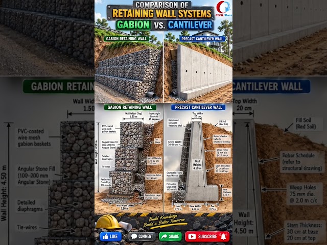 Gabion vs Cantilever Retaining Wall 🤯 | Which One Is Better? 🏗️ CIVIL Share #shorts