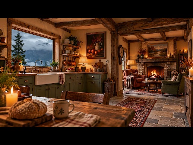 Stone Farmhouse Kitchen | 3 Hours Rain & Fireplace Ambience