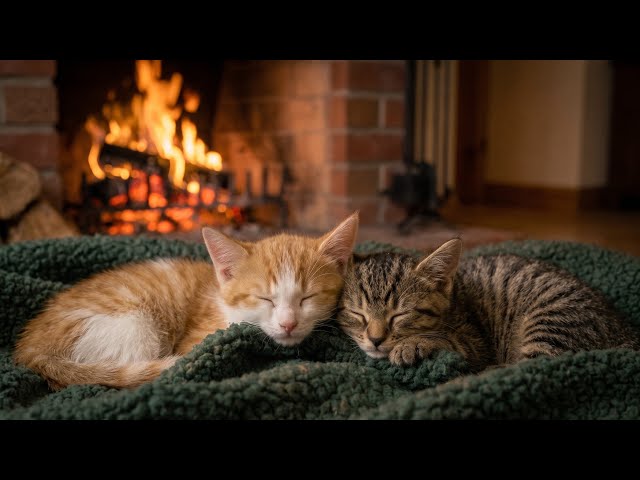 3 hours - Cat purring ASMR loop with relaxing fireplace background