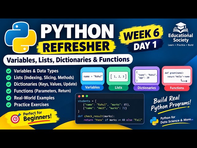 Python Refresher: Variables, Lists, Dictionaries & Functions | Week 6 Day 1